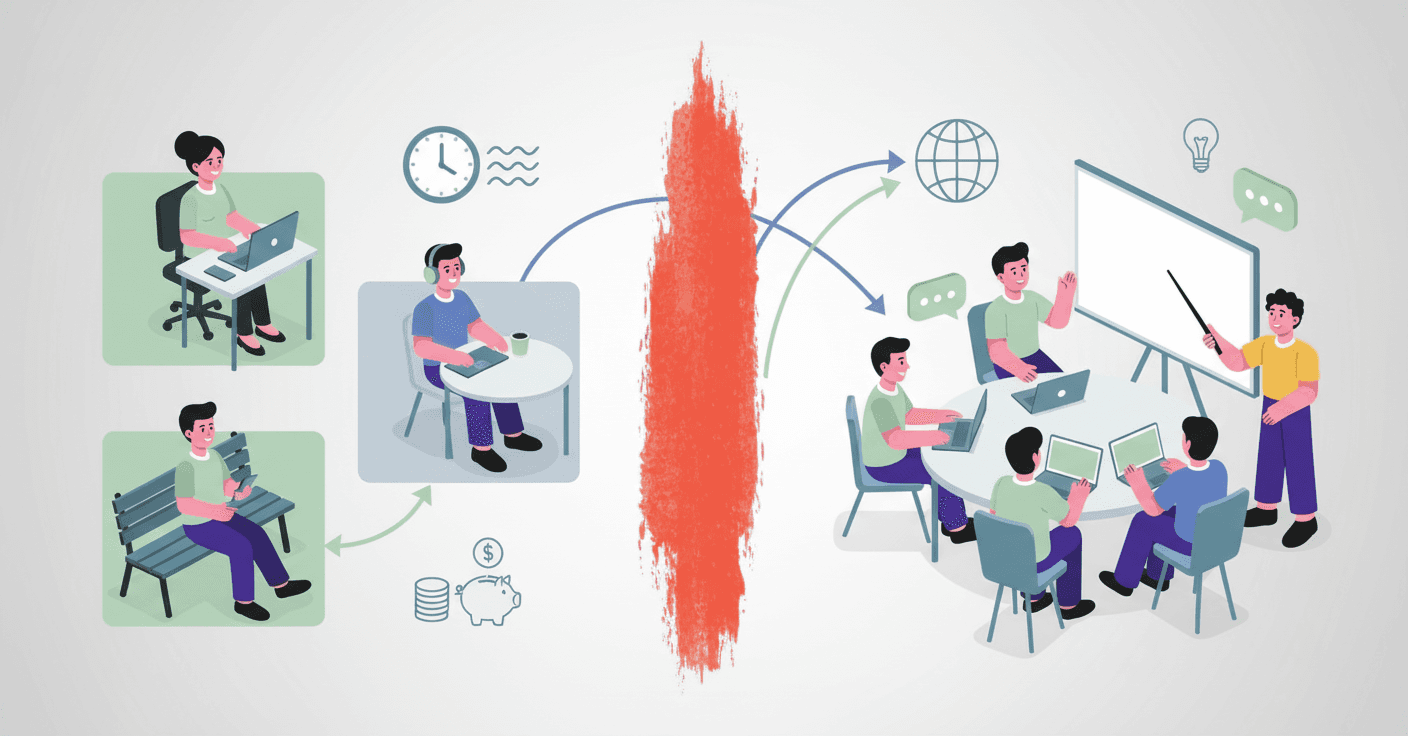 A modern, professional illustration showing the benefits of workplace blended learning. Depict a split scene: on one side, employees learning on laptops and mobile devices in various locations (home office, coffee shop, office), and on the other side, a collaborative in-person workshop with people around a table engaging in discussion. Connect both sides with flowing lines or arrows to show integration. Include visual metaphors for cost savings (piggy bank or coins), global reach (globe or world map), and time flexibility (clock). Use a clean, corporate color palette with blues, greens, and grays. Isometric or flat illustration style. No text or words.