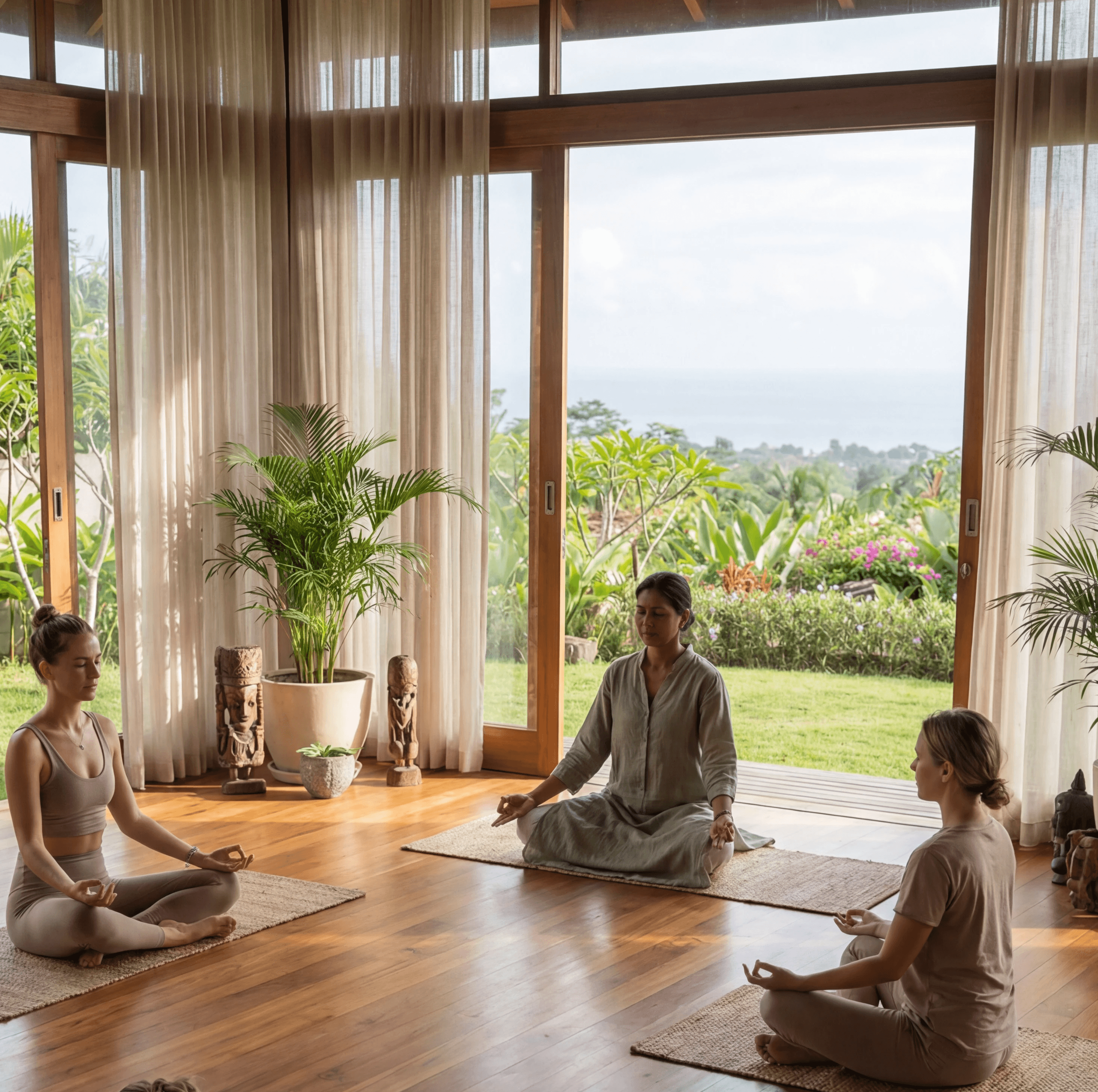 An indoor yoga session at an authentic Ayurvedic resort in Panama: an Indian yoga practitioner wearing soft green attire guiding a small group of same-gender guests in gentle yoga postures. The space is a calm wooden yoga shala with natural light filtering in, warm wood floors, linen mats, and subtle tropical greenery visible through open windows. Emphasis on alignment, breath, and mind–body balance rather than intensity. Earthy tones, muted greens, warm neutrals. Realistic, high-end wellness photography style, serene and expansive atmosphere.