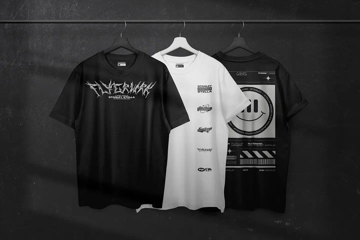 Shadow Overlays Scene Creator applied to three hanging t-shirts with realistic soft lighting and depth