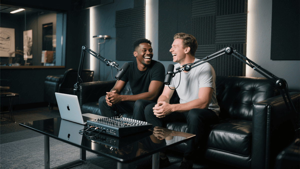 Podcast guest on a podcast with a podcaster