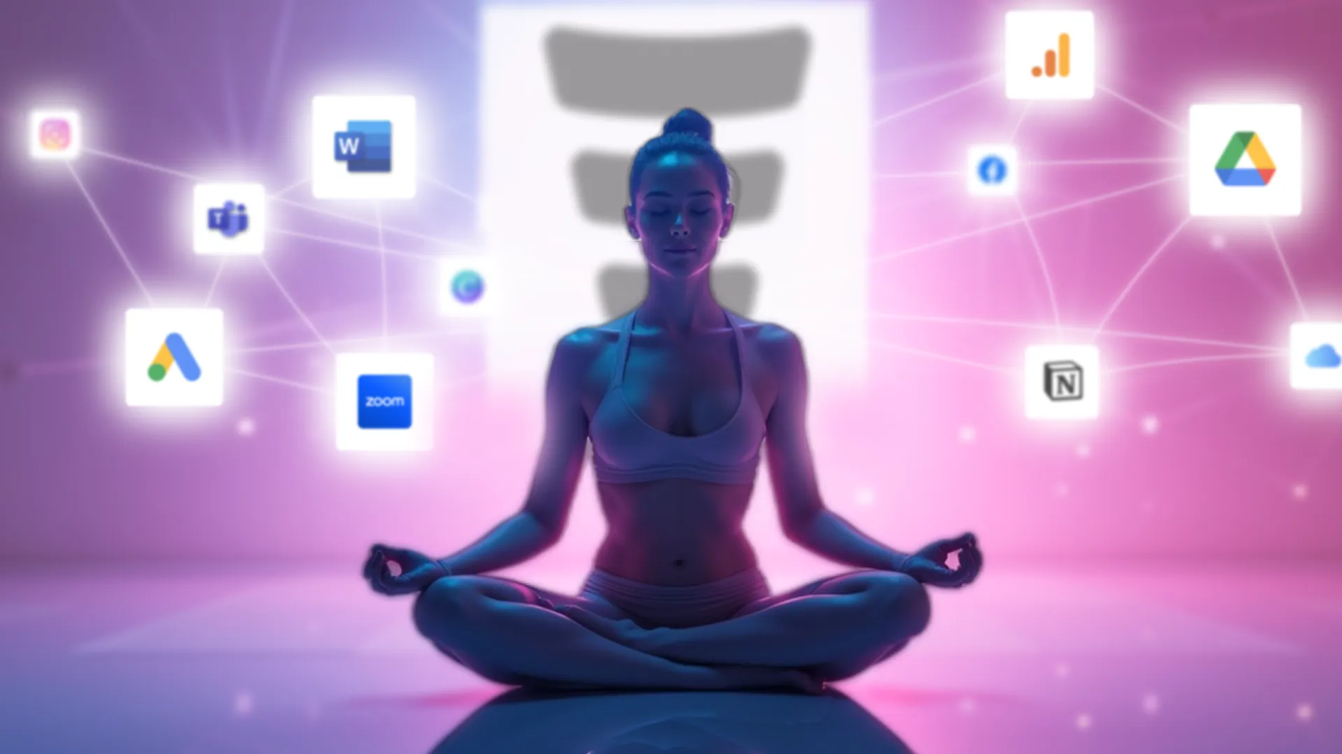 A person sitting in a meditative pose, surrounded by interconnected icons of popular digital tools and platforms, including Google Ads, Zoom, Microsoft Word, Google Drive, and Notion. The background features a glowing pink and purple gradient with subtle network lines, symbolizing harmony between technology and productivity in a serene, futuristic environment.