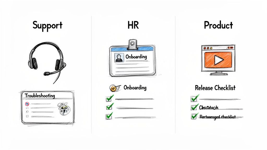 Sketches illustrating various business processes: Support troubleshooting, HR onboarding, and Product release checklists.