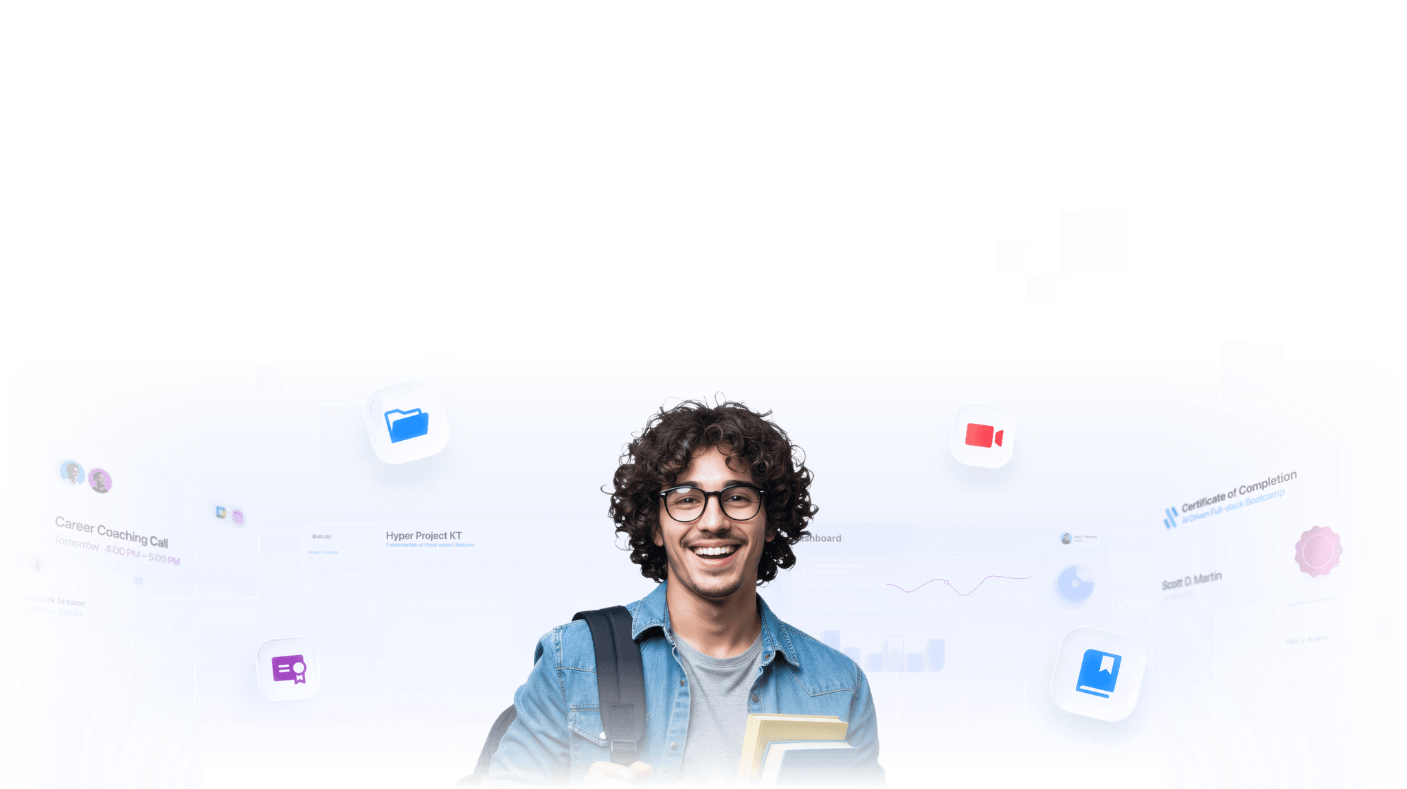 Hero Image - A smiling person with curly hair stands in front of abstract graphics and floating elements.