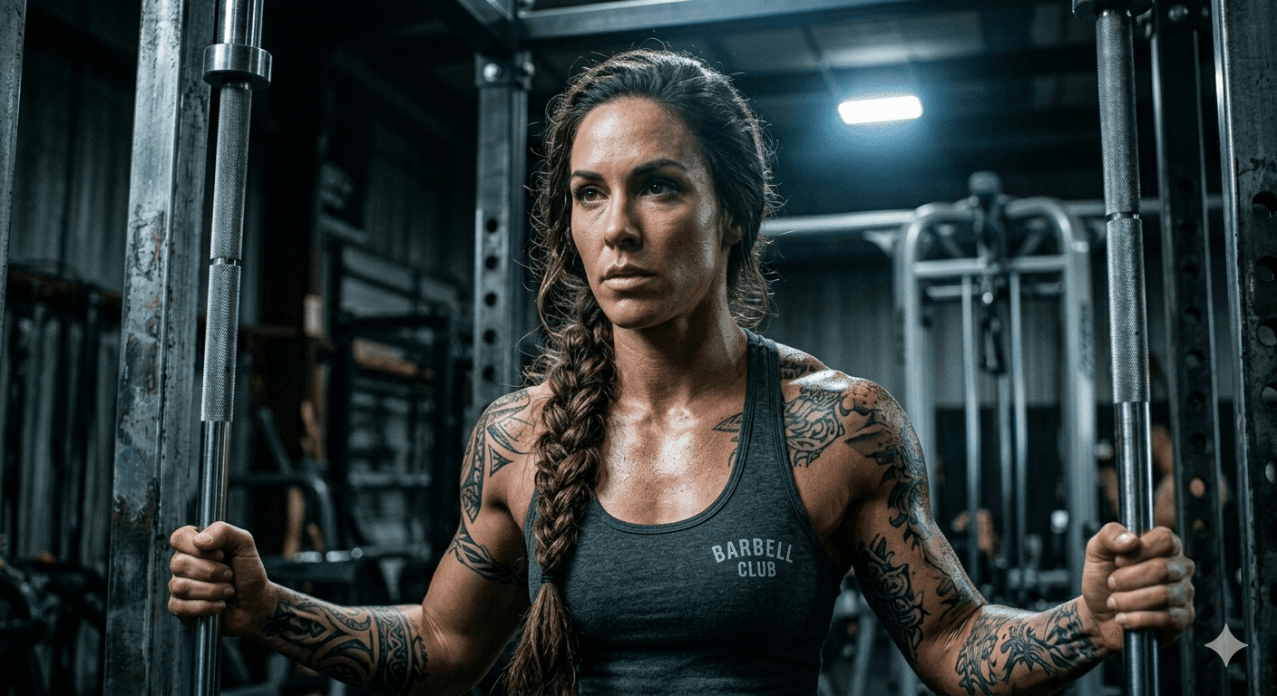 Tattooed muscular woman with braided hair gripping barbell in power rack with focused expression.