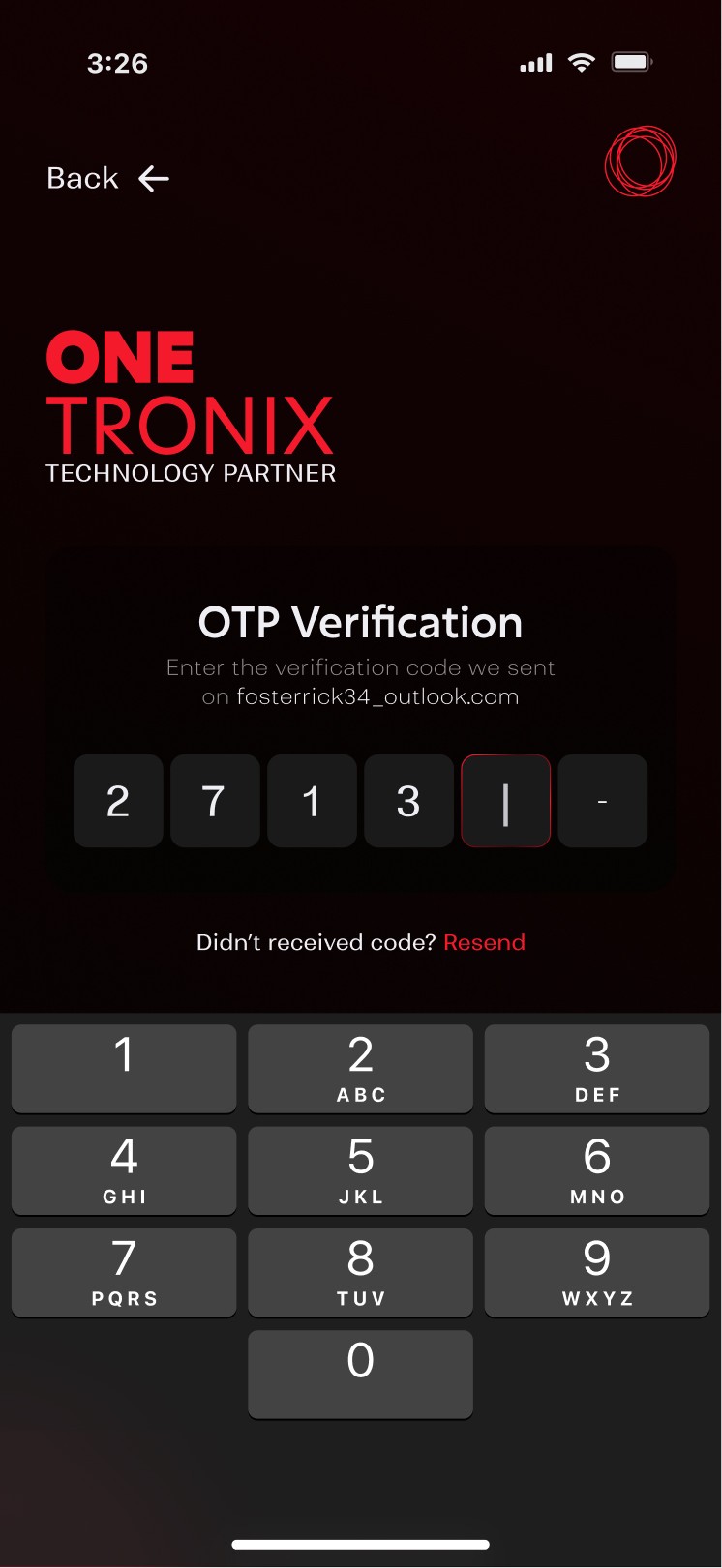 OneTronix Solar Mobile App OTP Screen