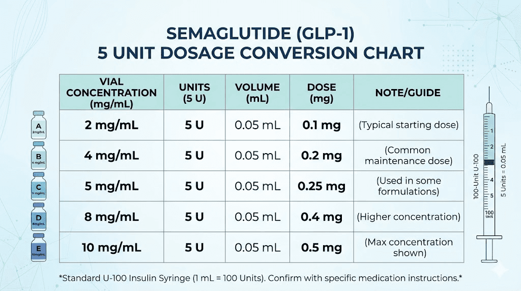 Semaglutide 5 units to mg conversion chart for all vial concentrations