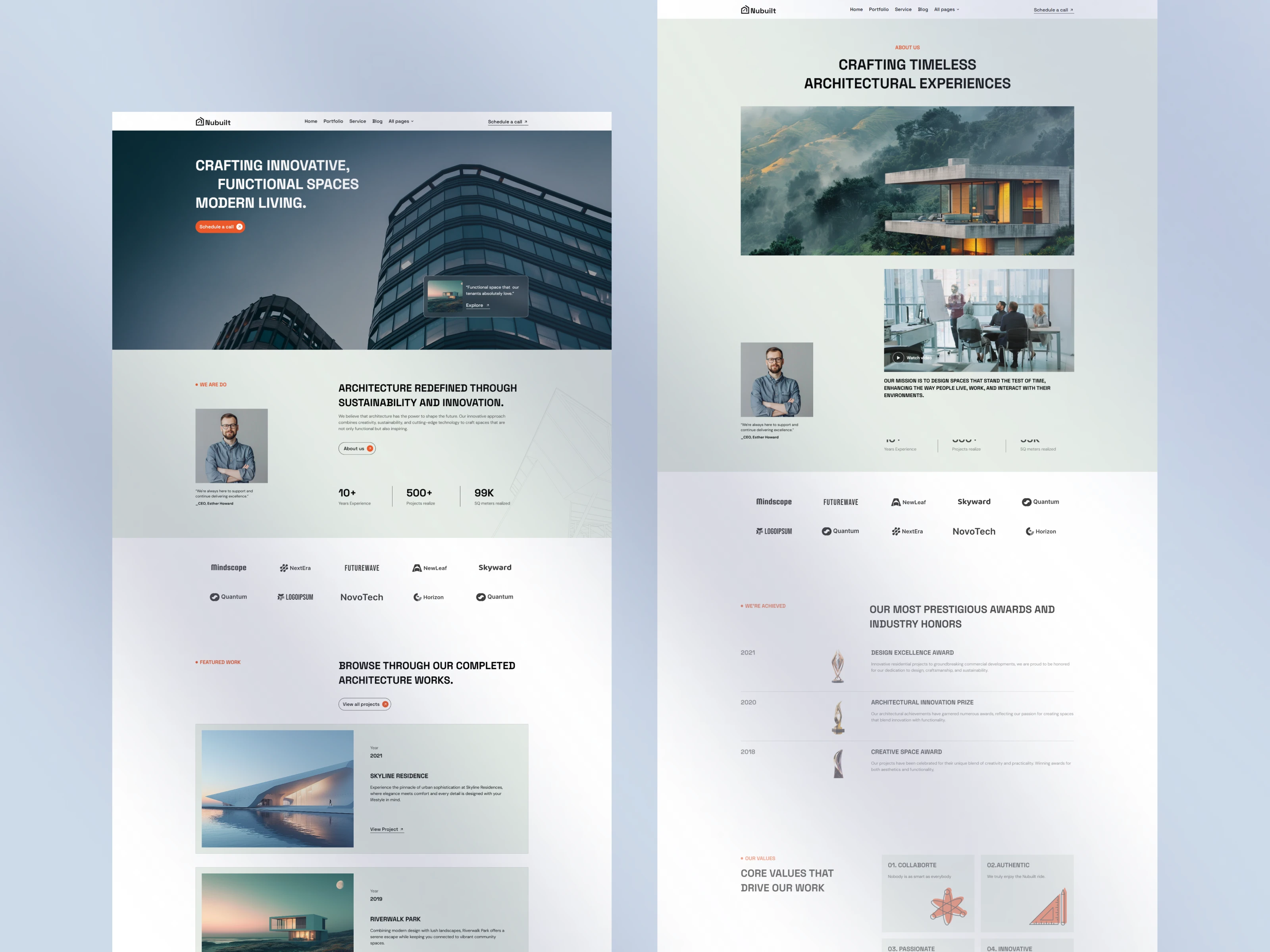 Architecture website with homepage and about page showing projects, stats, awards, and values