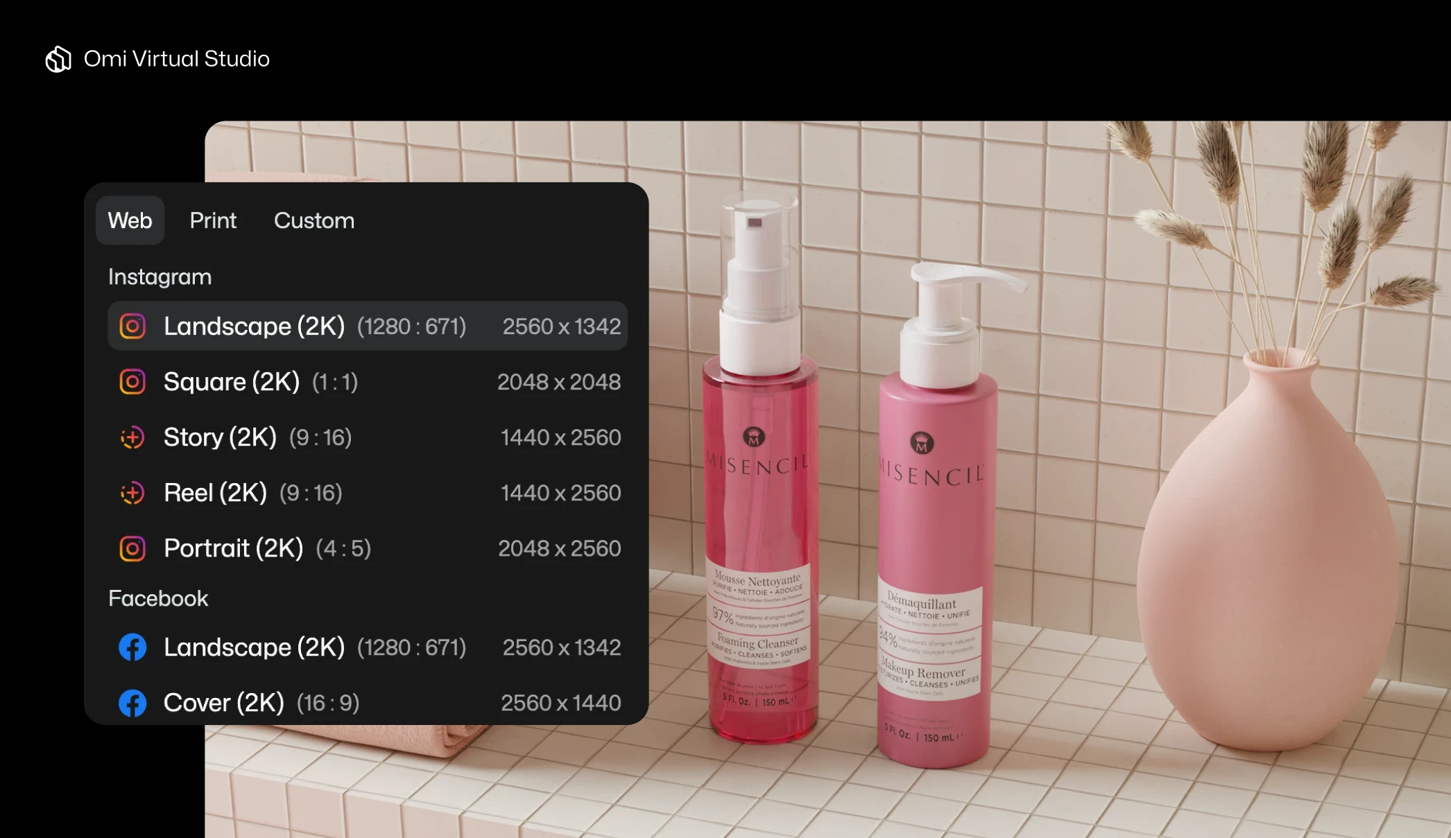 Virtual Studio interface selecting export ratio for product images ofMakeup remover and skin cleansing products. Bathroom setting.