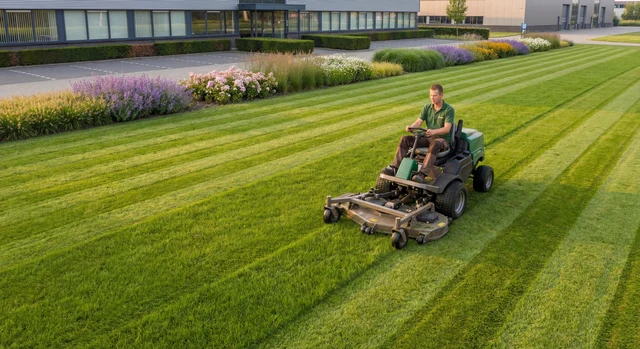 Groenonderhoud op bedrijfsterrein met man op zitmaaier bij bloemen.
