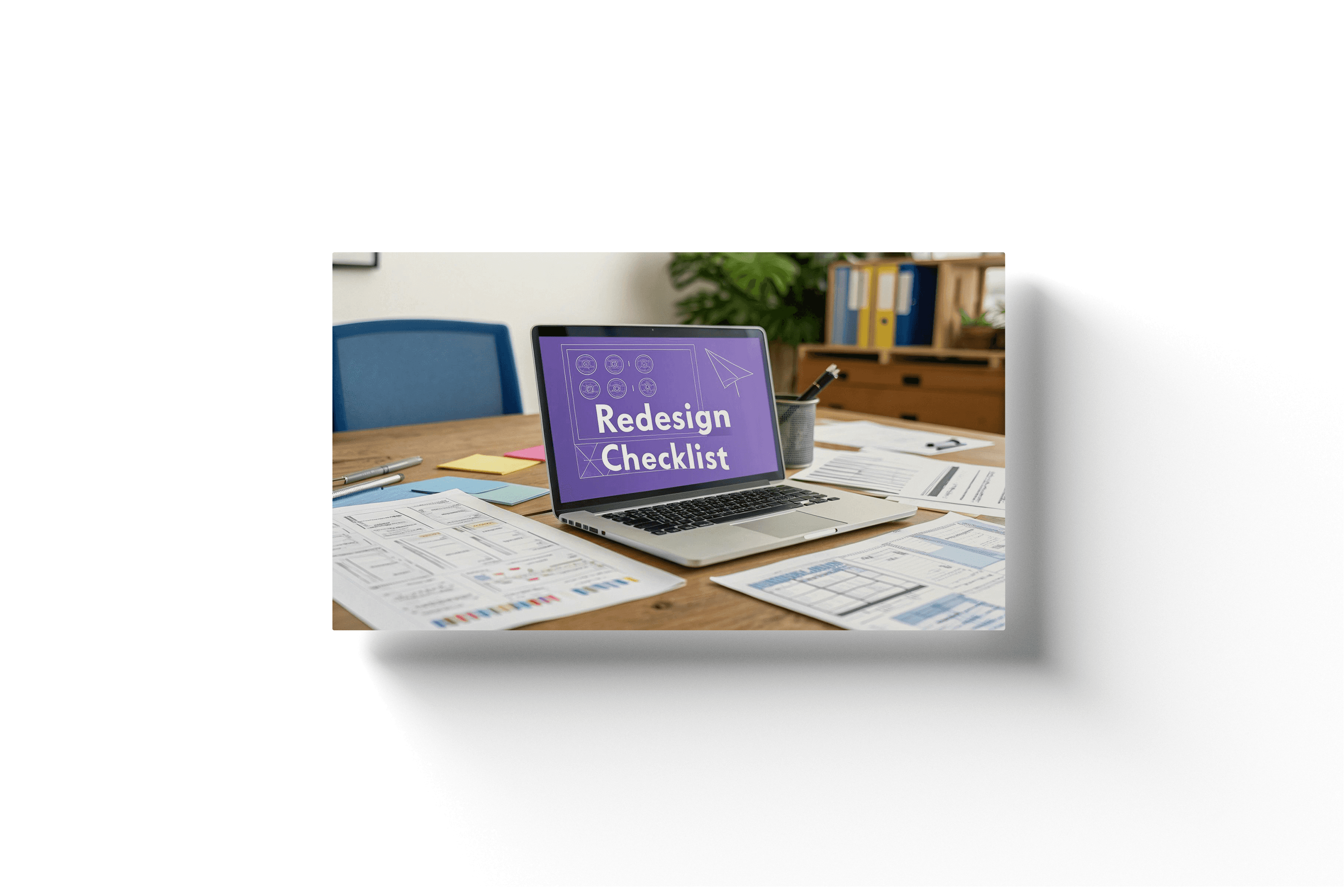 a purple laptop screen with the text 'redesign checklist'