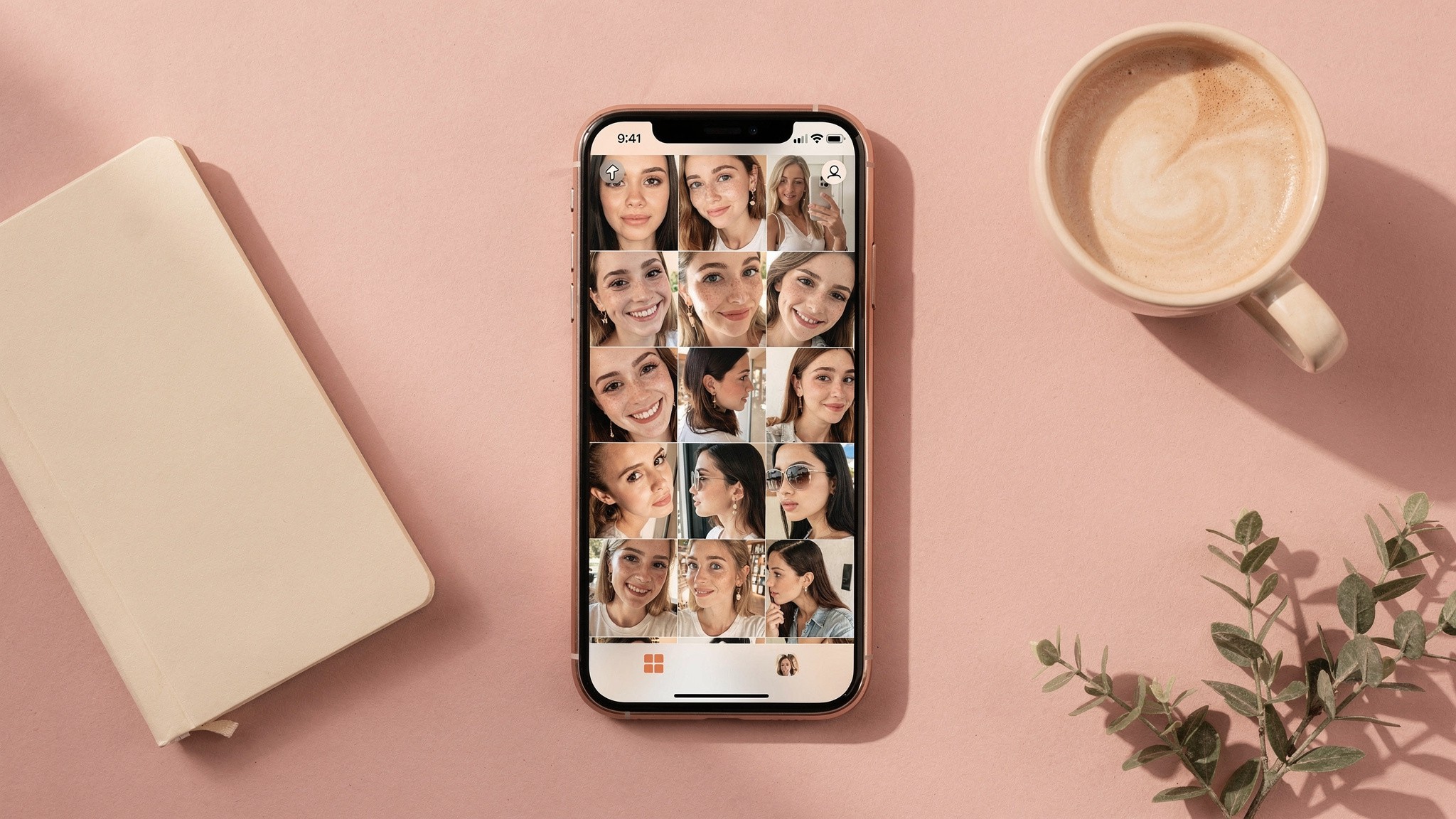 Editorial mockup: phone gallery showing 20 well-shot reference photos of a single young woman in different lights and angles on a pink surface