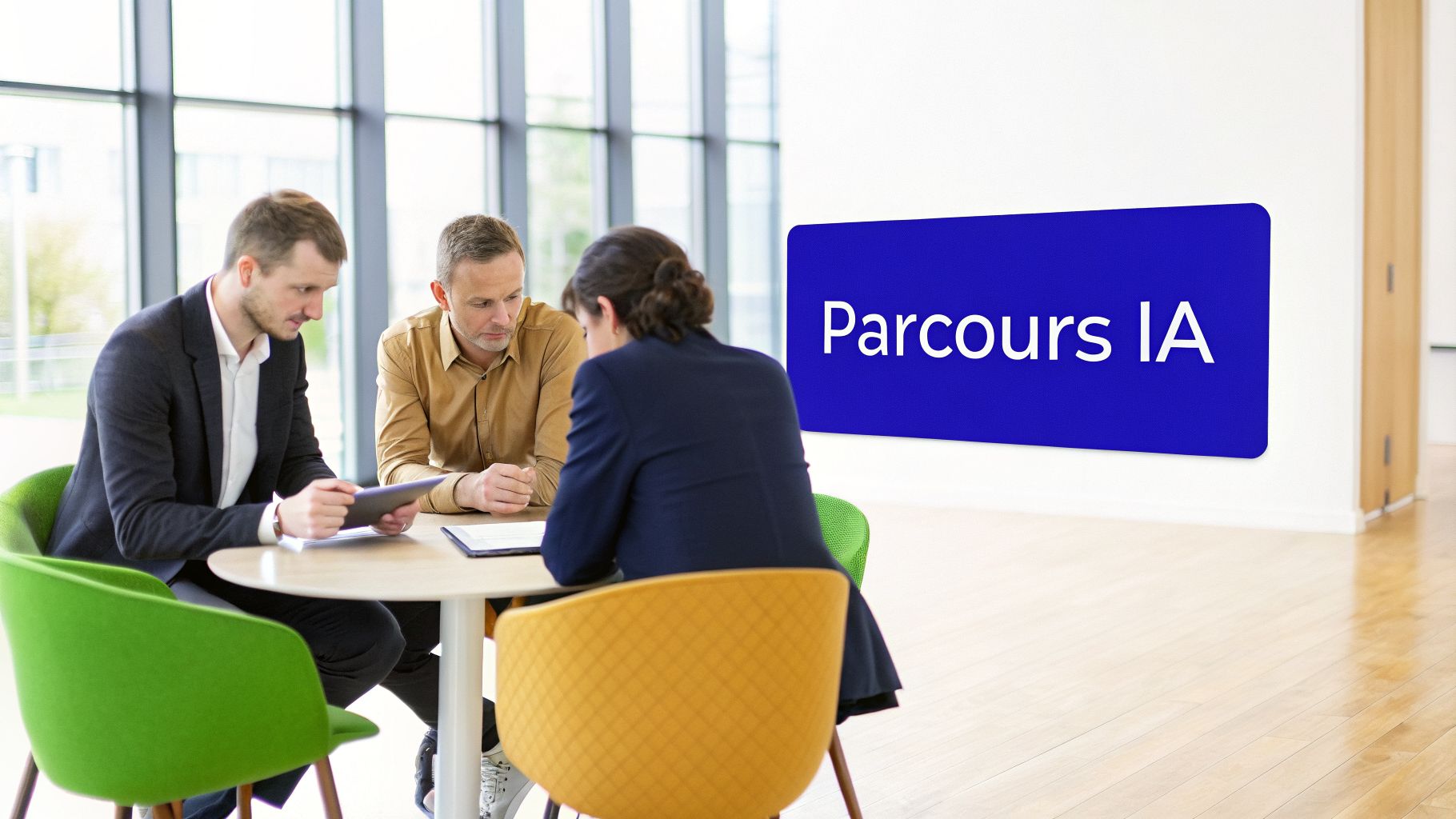 Trois professionnels discutent autour d'une table, avec une tablette, devant un panneau