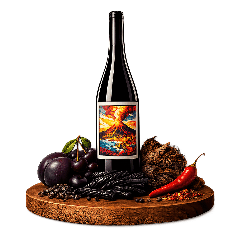 Artistic label and flavor profile for Sicilian Nero d’Avola on a rustic wooden table.