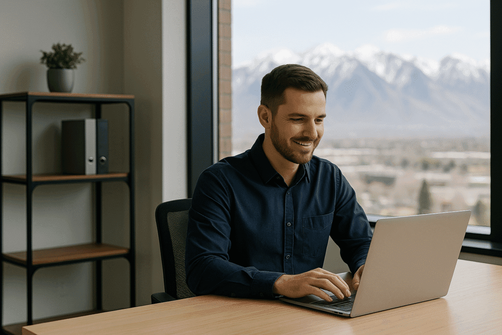 A Utah tech talent professional working remotely in a modern office with the Wasatch Mountains in the background.