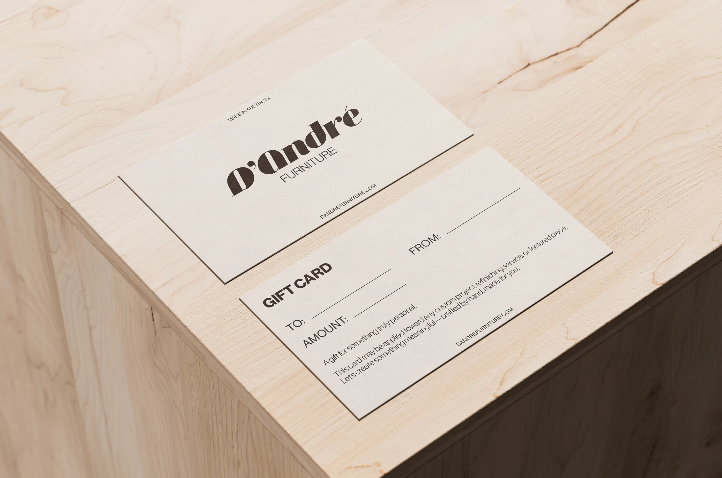 D’Andre Furniture — Branded gift card design — Merchandise collateral