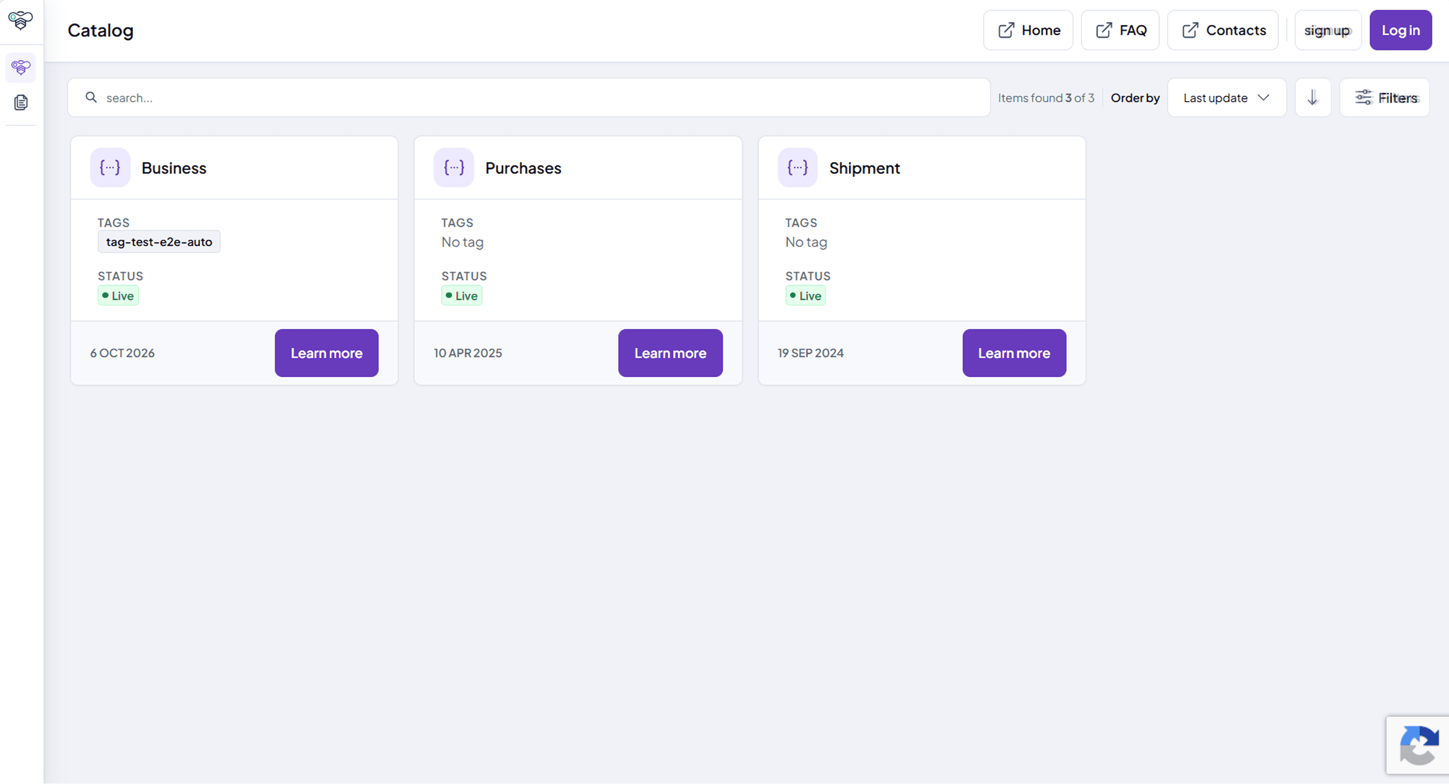 Public showcase catalog with product cards, tags, status and learn more links