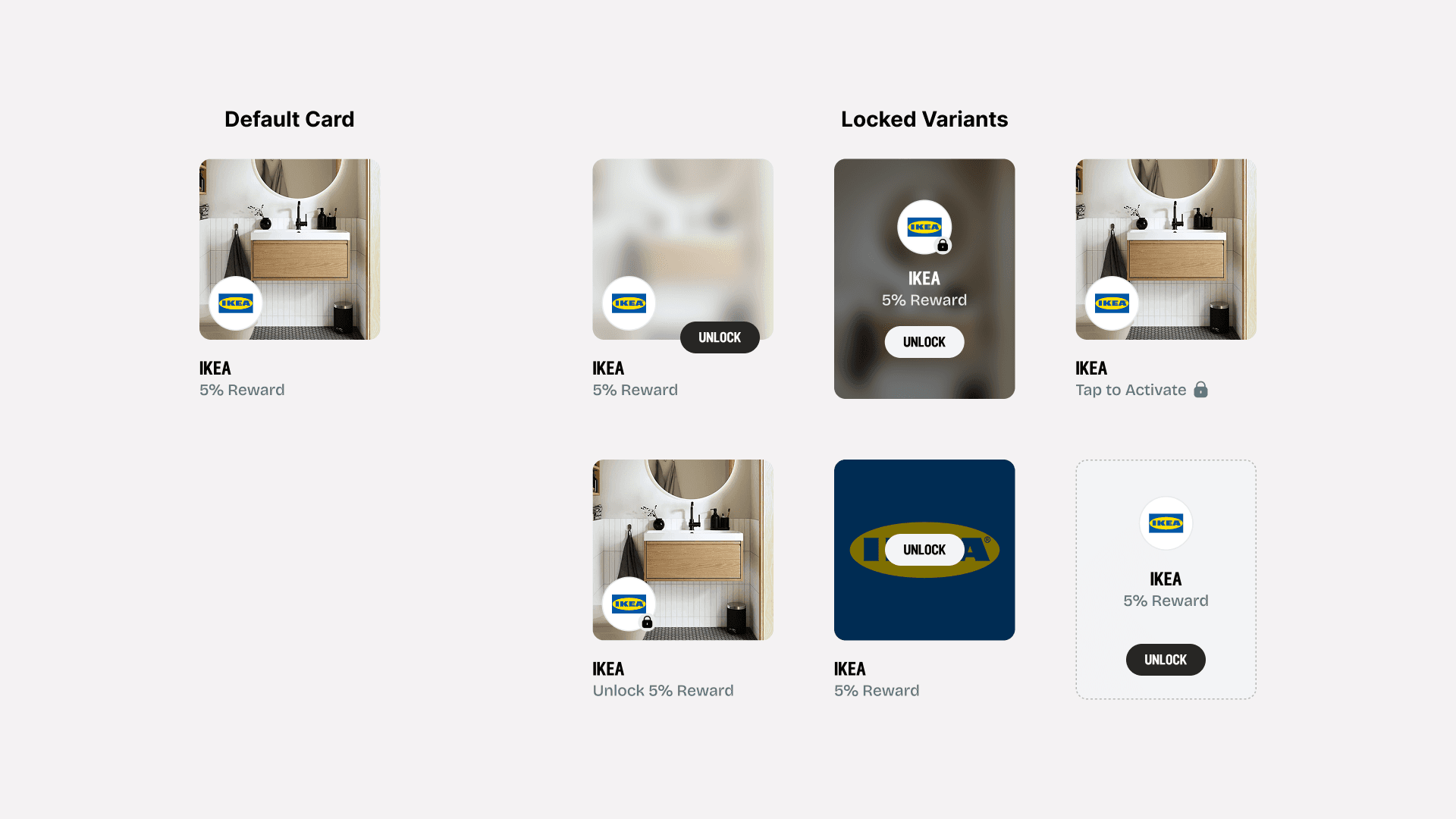 UI exploration showing a default retailer card and multiple locked card design variants for IKEA.