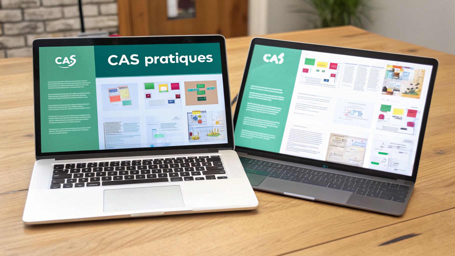 Deux ordinateurs portables sur une table en bois affichant des contenus liés à des 'CAS pratiques' avec des diagrammes.