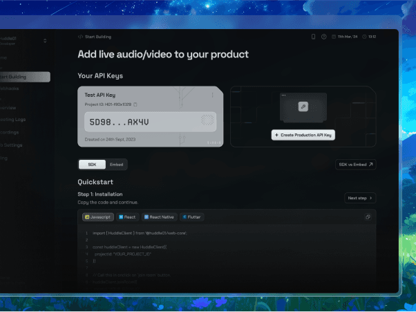 Huddle01 Developer Dashboard mockup