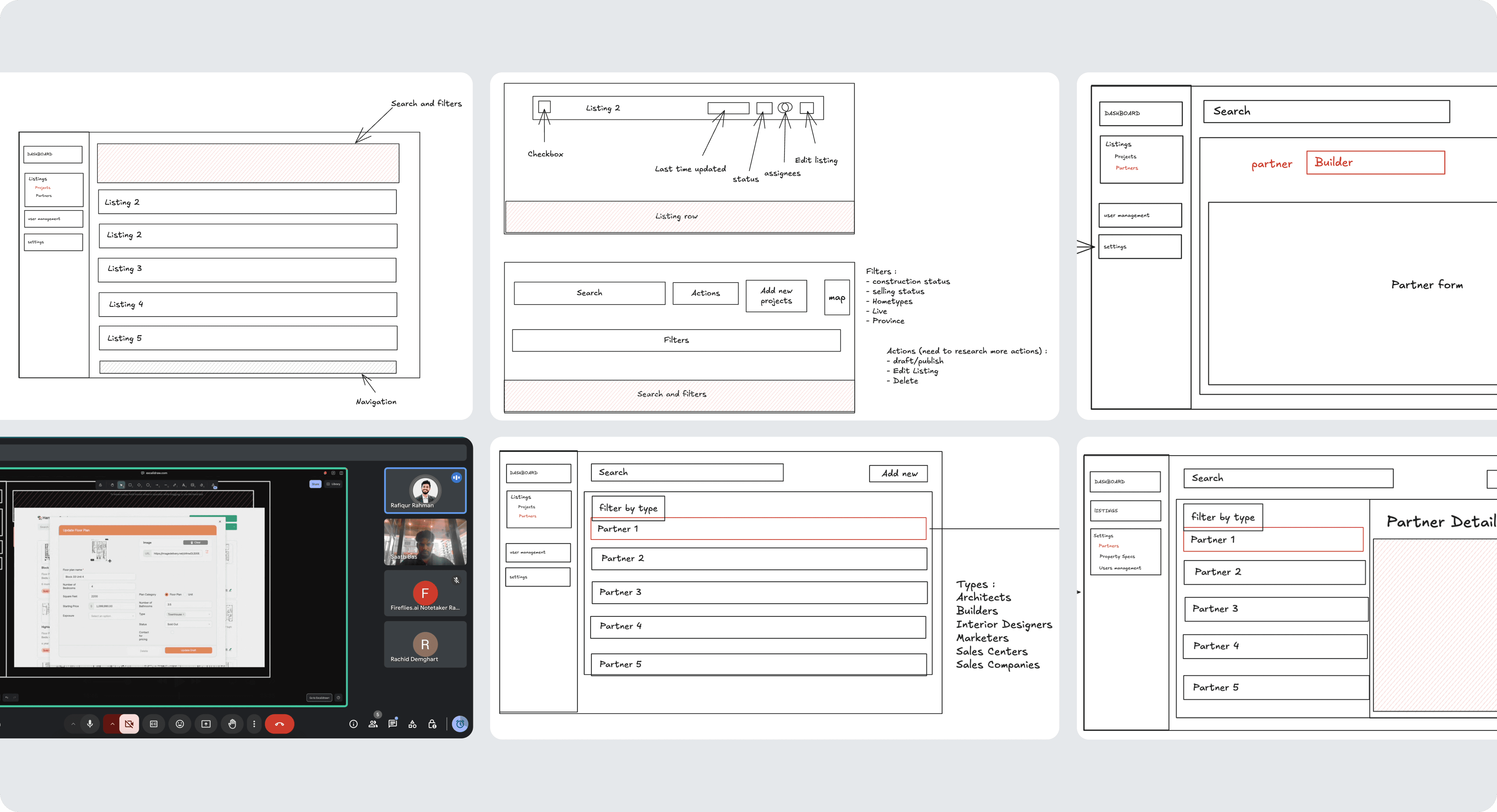 Early-stage wireframes and collaborative design review screens showing admin layout structure, filtering logic, and team feedback during product iteration.