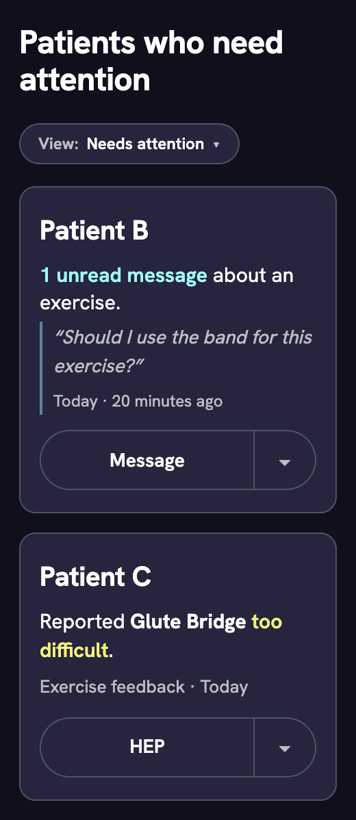 Example mobile therapist workspace: Patient B has a new question about using an exercise band, received today. Patient C marked Glute Bridge too difficult today. Message and home-program actions are shown.