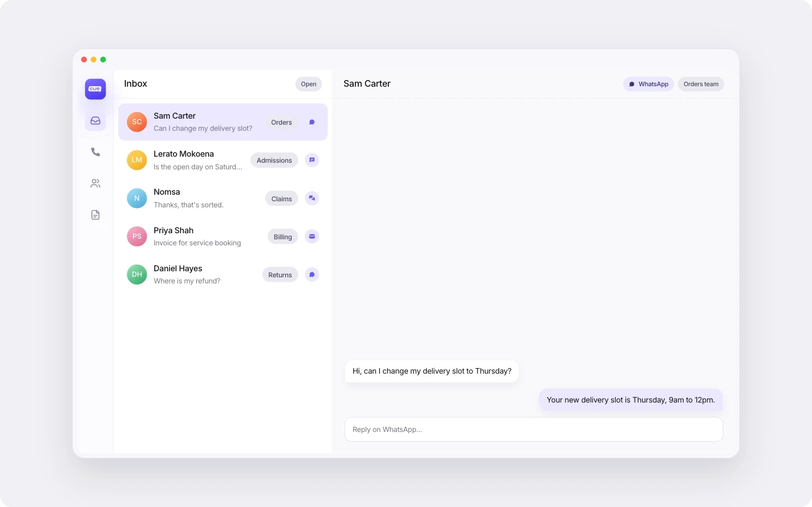 Cue's shared inbox with WhatsApp, web chat, Messenger and email conversations assigned to teams.