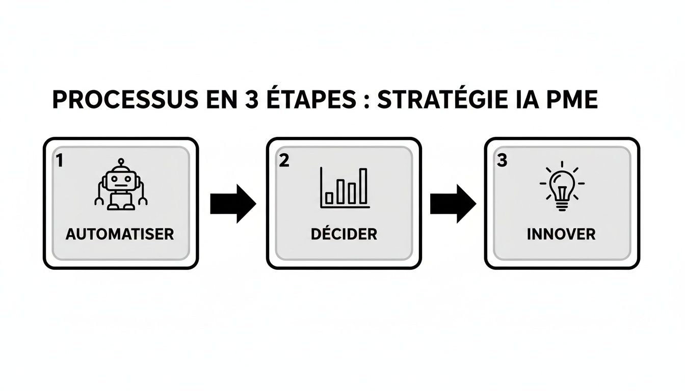 Infographie décrivant les 3 étapes d'une stratégie IA pour PME : automatiser, décider, innover.