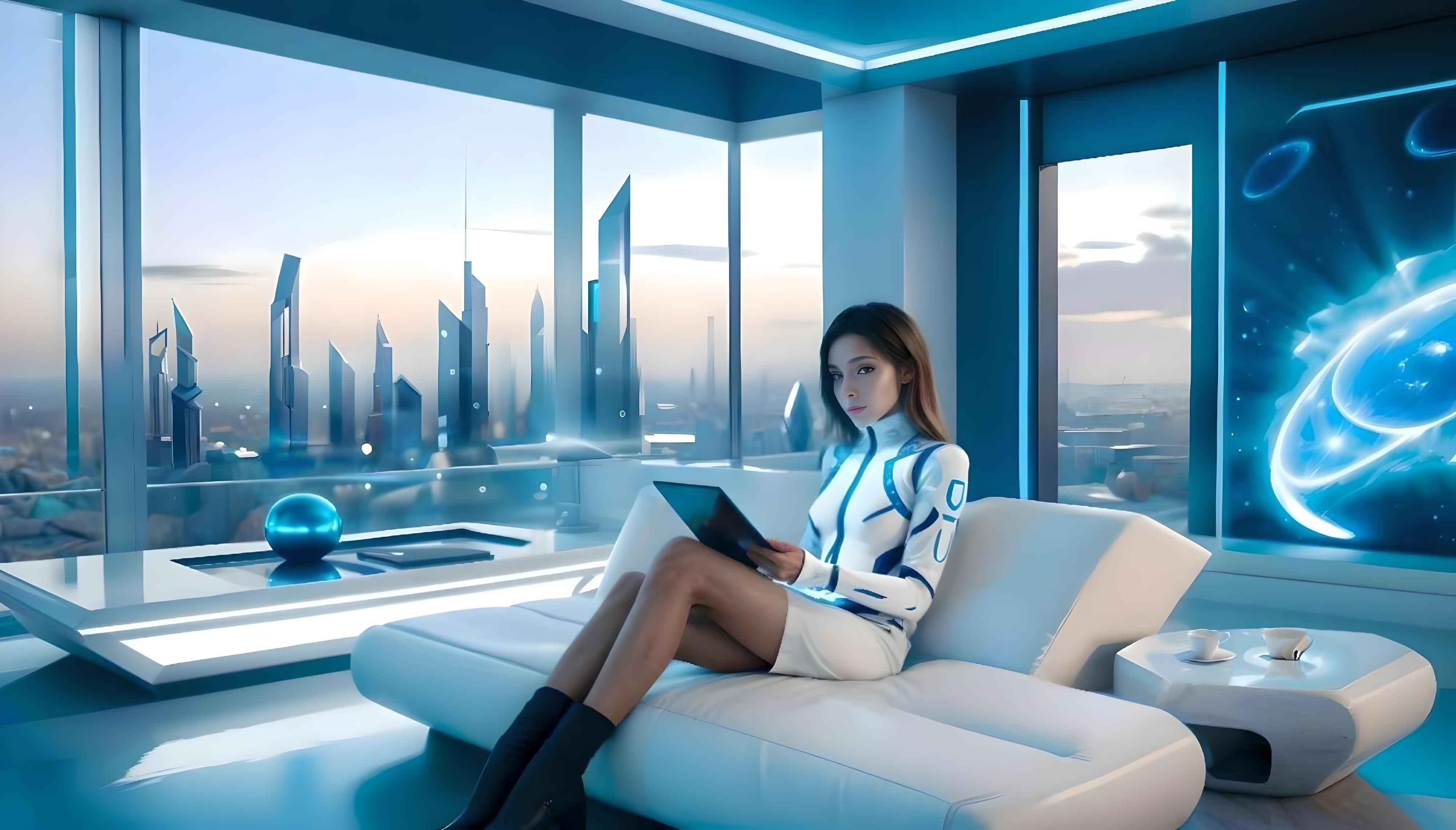 A young in woman in futuristic clothing sat in futuristic living room with large windows and views on a futuristic city.