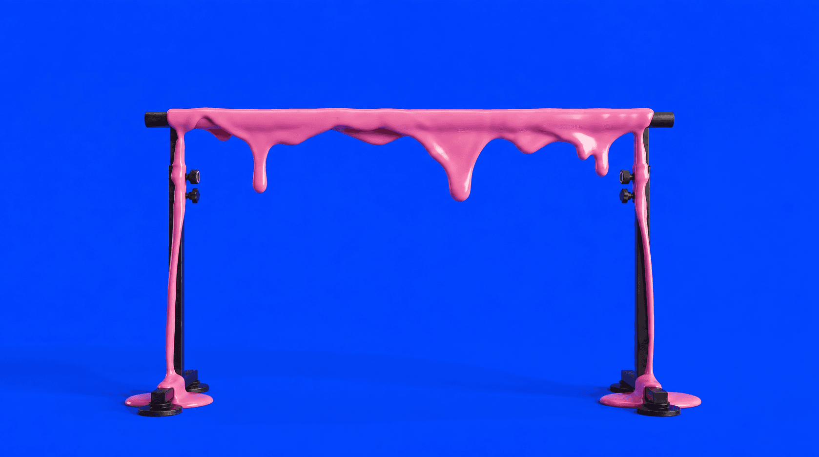 Artistic animation of pink liquid flowing over a ballet barre against a blue background.