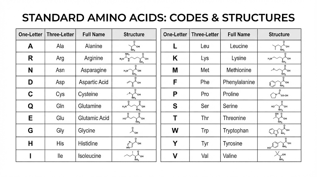 Complete amino acid code chart with one-letter and three-letter notation systems