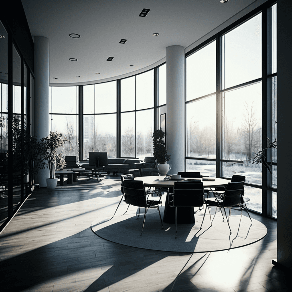 Modern office interior with curved floor-to-ceiling windows, circular conference table, and dramatic sunlight shadows
