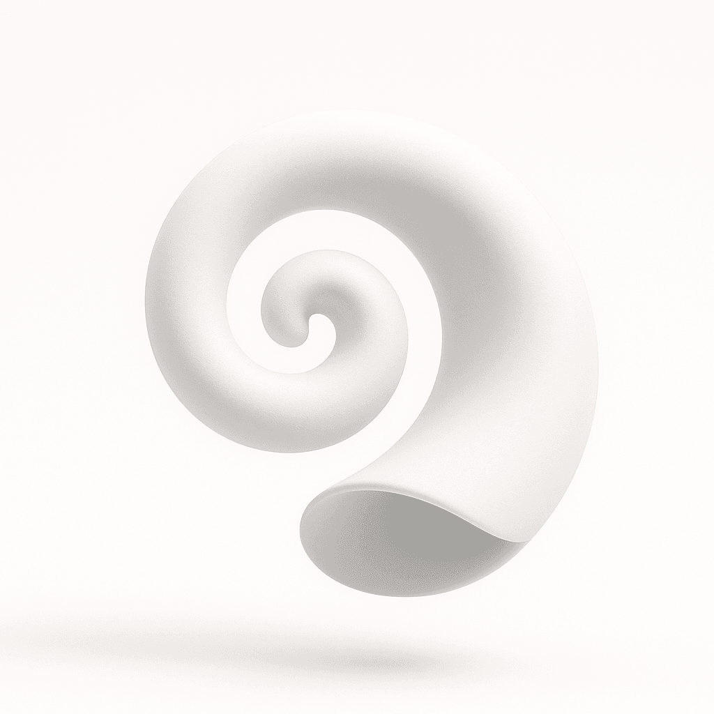 Minimalistic spiral shell form in soft white tones, smooth curves and soft shadows on a clean background.