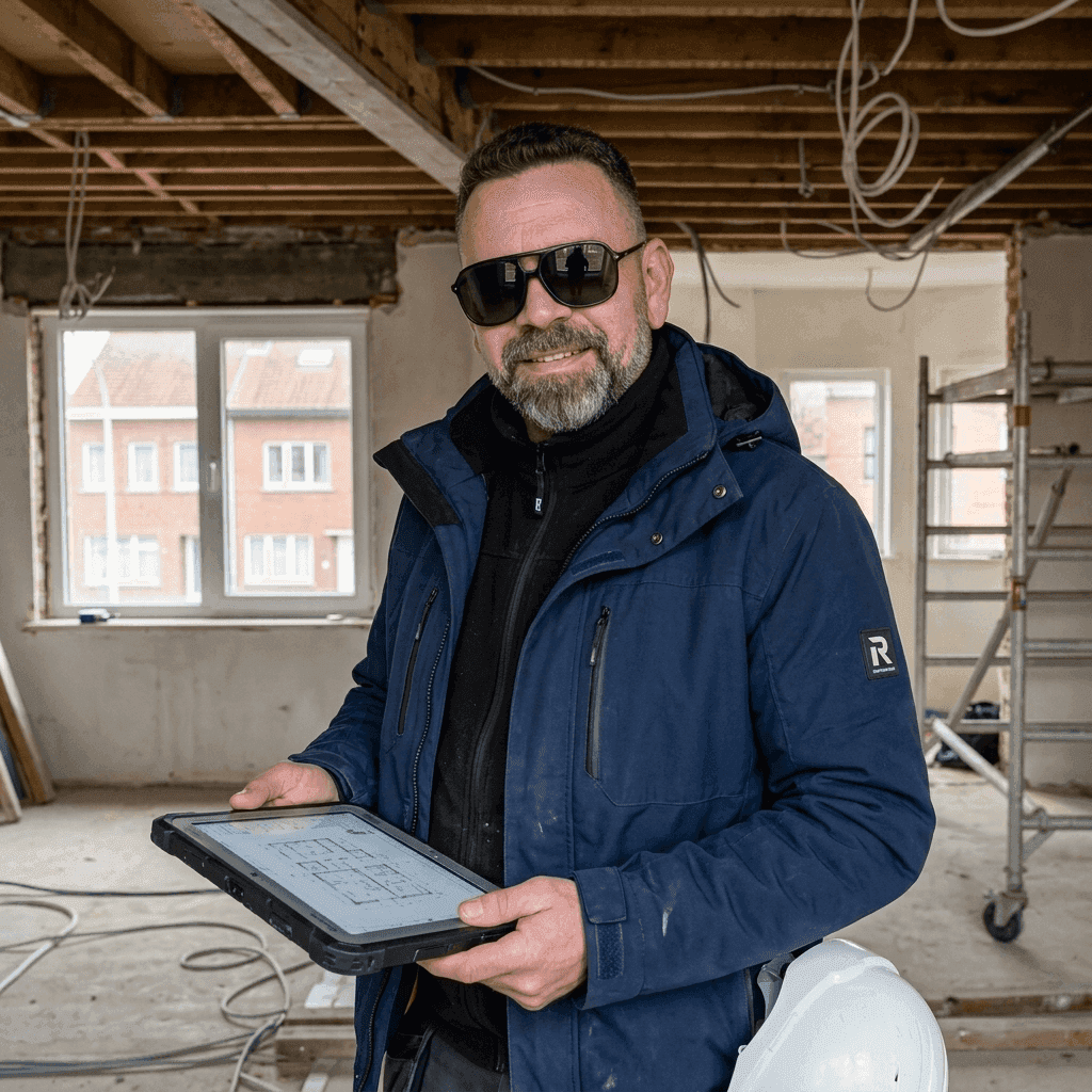 Sébastien Zucheto sur un chantier de rénovation intérieure, consultant des plans techniques dans un appartement en transformation.