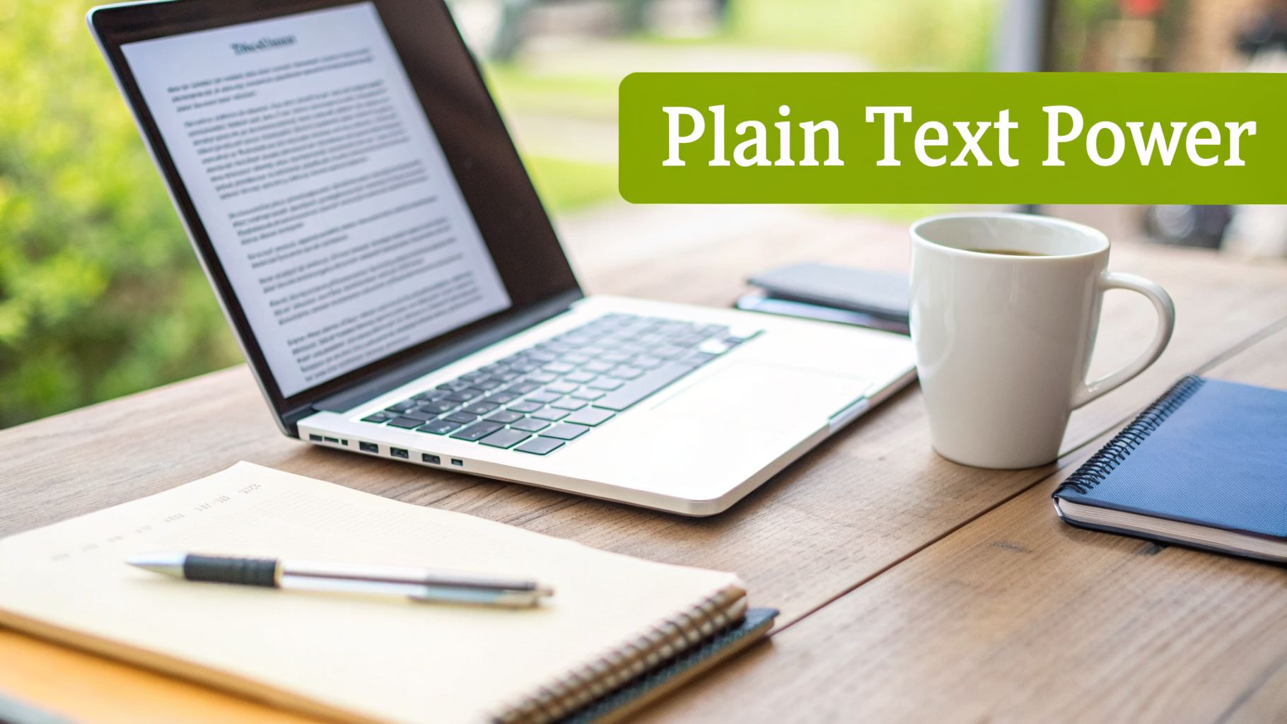 A laptop with a document on screen, coffee, and notebooks on a wooden desk with 'Plain Text Power' text.