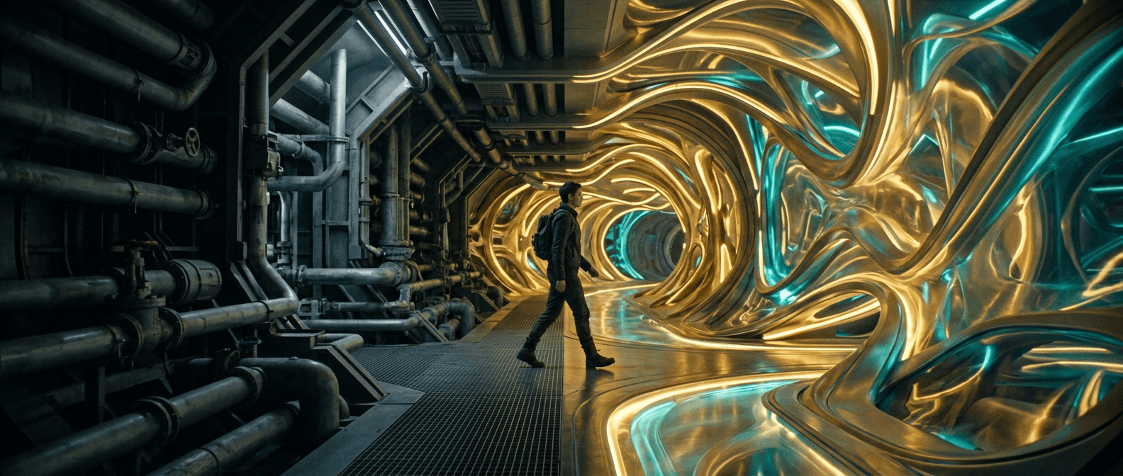Person walking through a corridor where rigid automation pipelines transition into fluid AI-powered agentic workflows