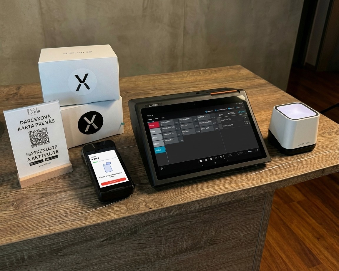 VEXiON cards integration with Papaya POS - complete setup with POS and mobile phone showing customer card