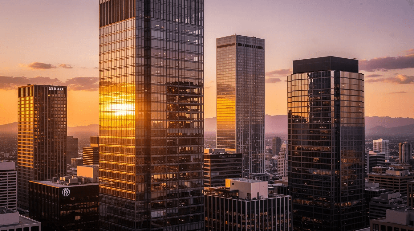 The image depicts a modern city skyline featuring sleek glass office towers that reflect the warm hues of sunset. This urban landscape symbolizes the thriving business environment, where corporate tax consultants and experienced corporate tax advisors navigate complex tax regulations and compliance for companies in the UAE, including corporate tax registration and tax planning strategies.