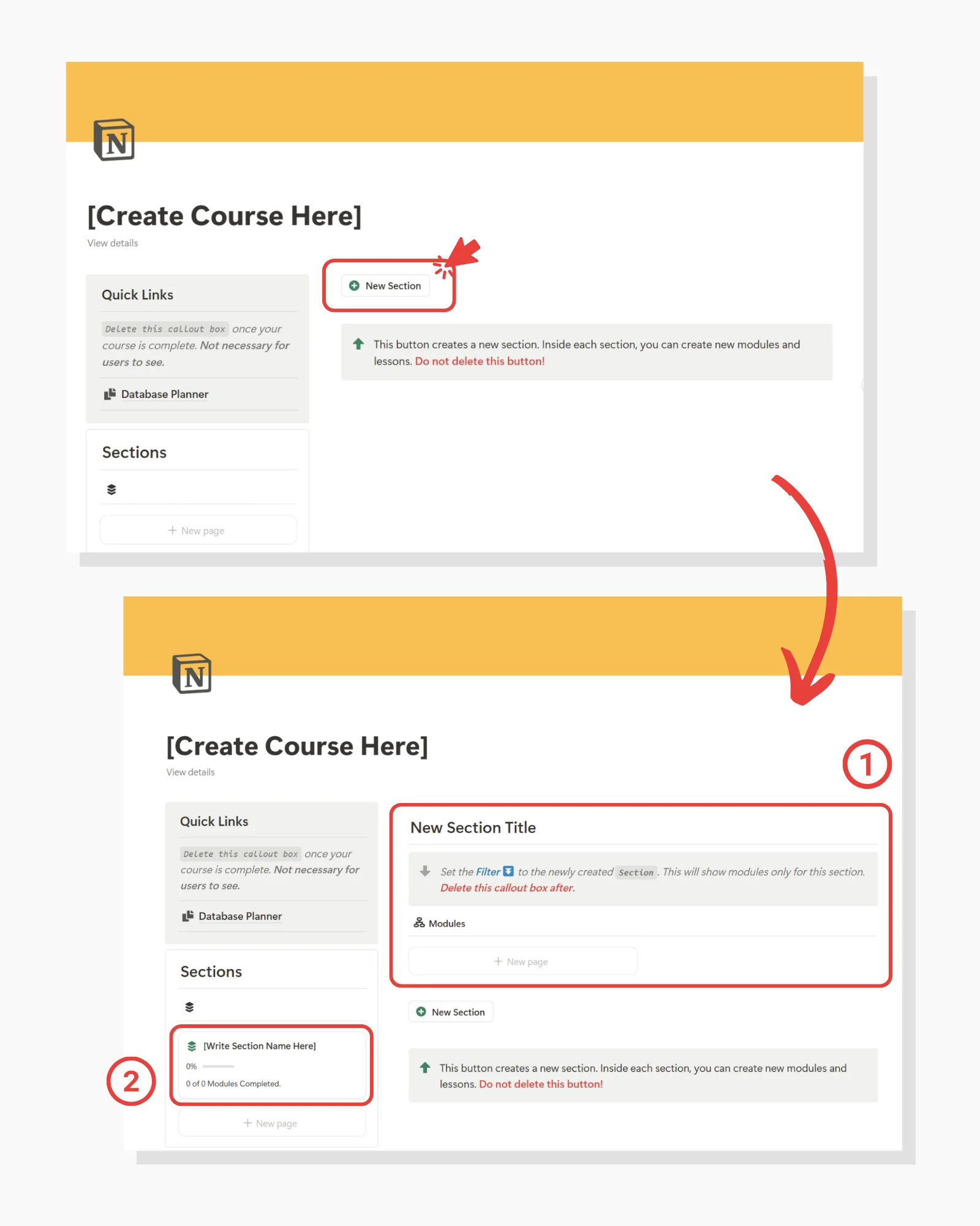 create new section button demo Course Creator Notion Template