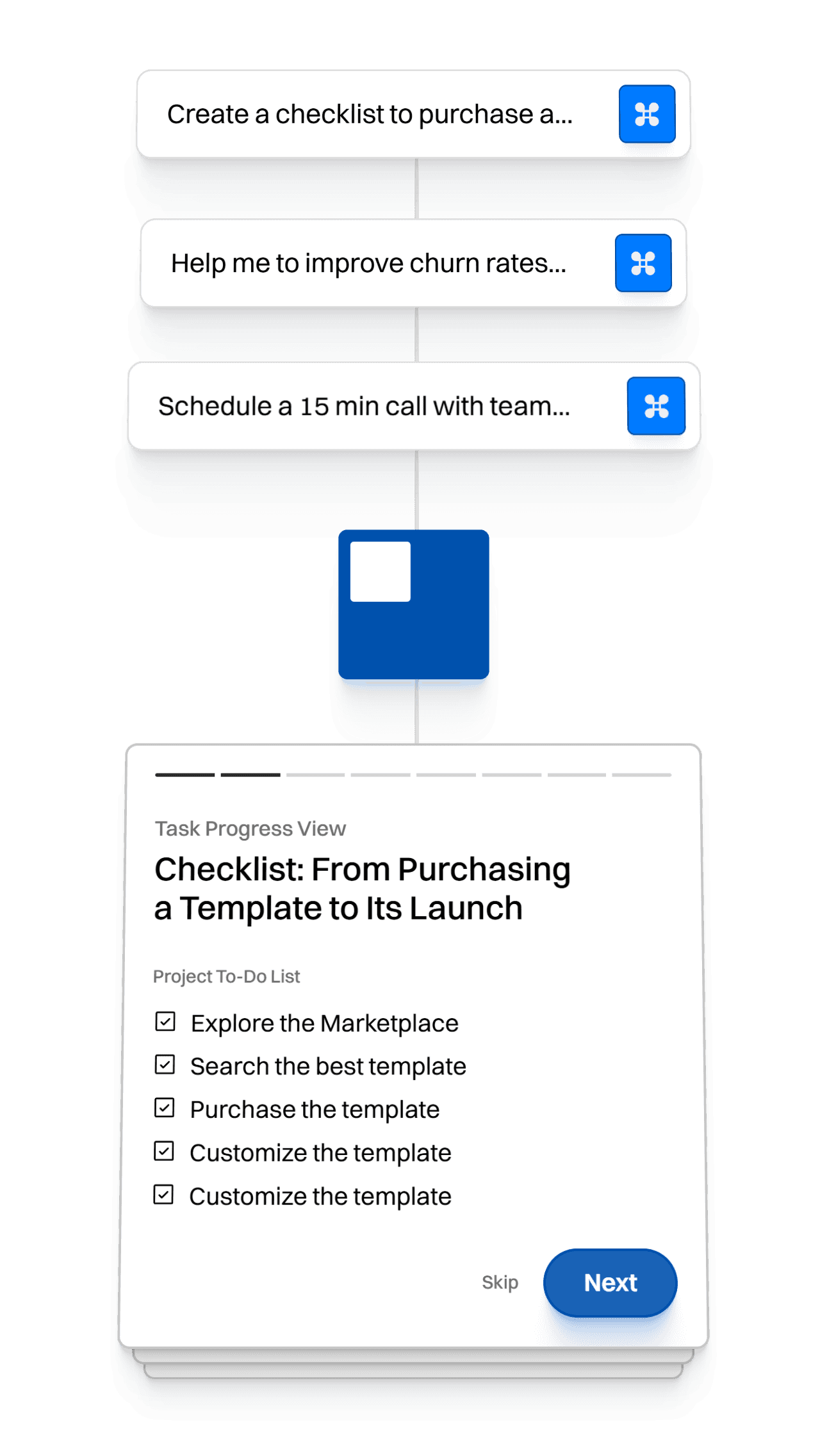 Series of Ai Prompts / Requests connected with the platform icon