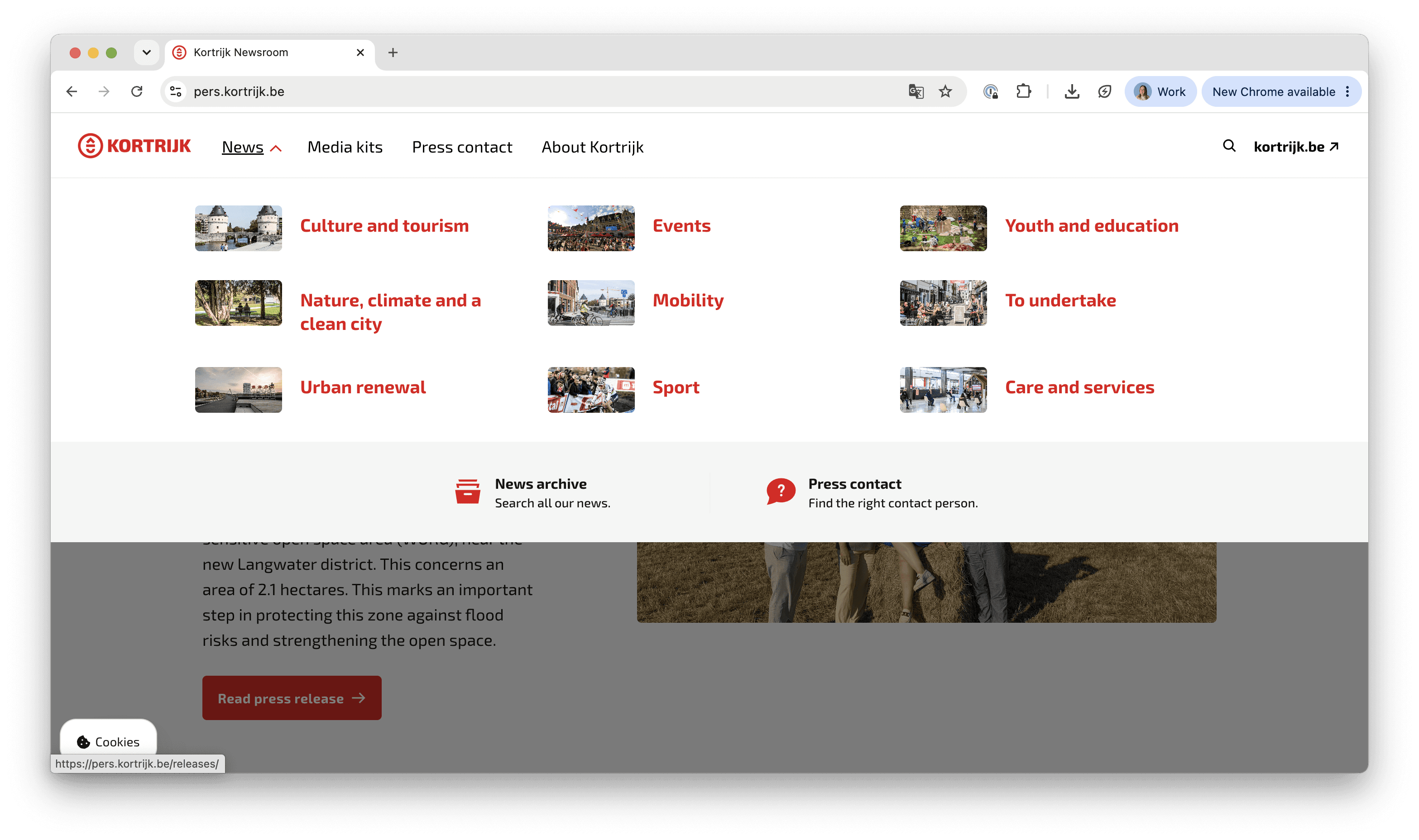 Screenshot of Kortrijk's newsroom featuring news categories