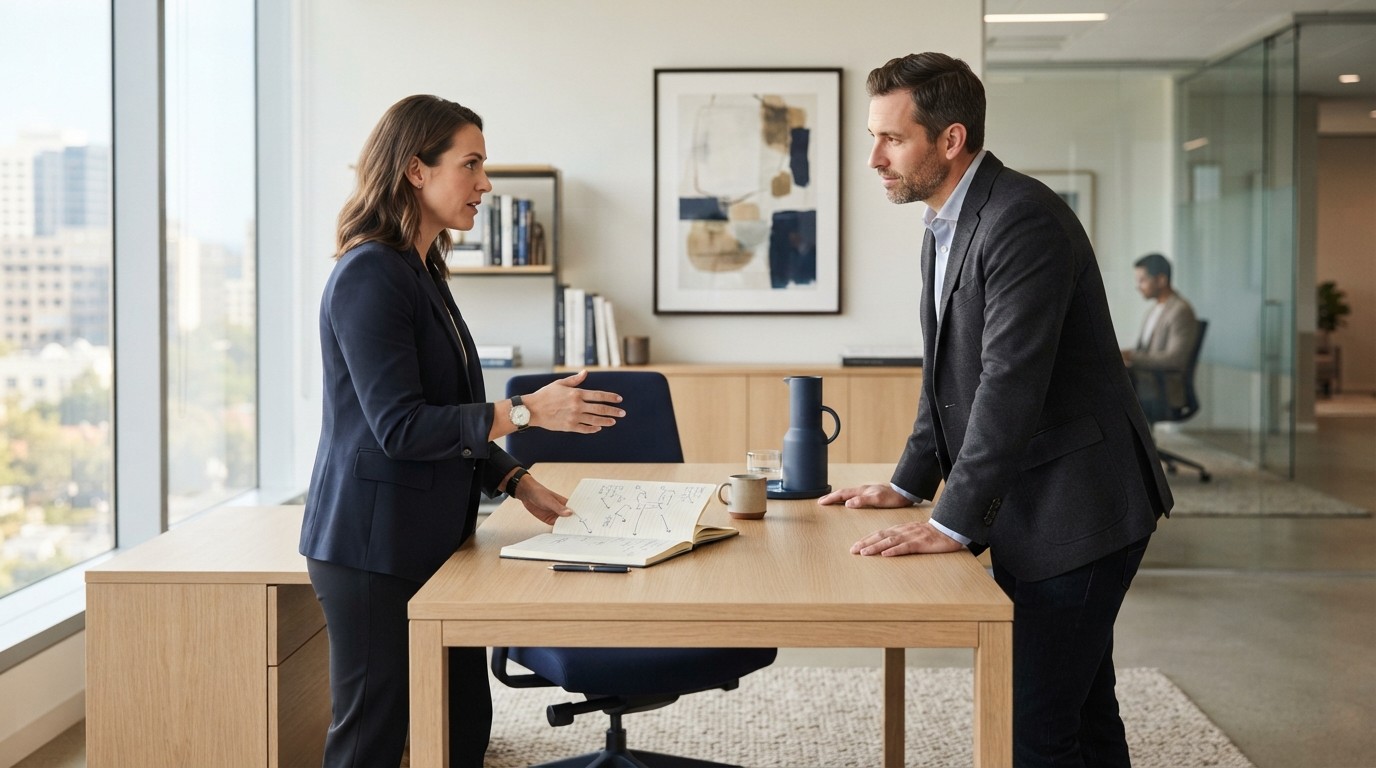 Two marketing professionals collaborating on a growth strategy at an office desk