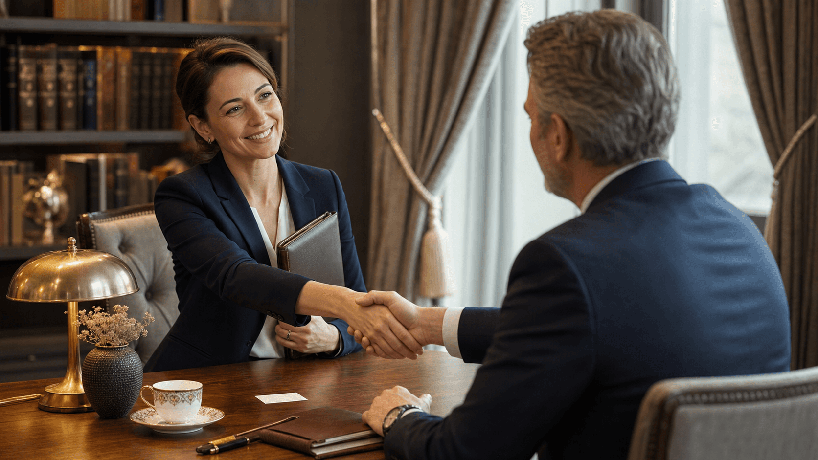 Rencontre en conciergerie de luxe, tenue élégante, table en bois et accessoires de confiance.