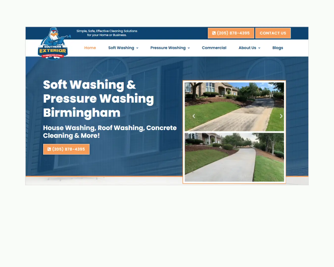 Southern Exterior Birmingham pressure washing and soft washing services homepage.