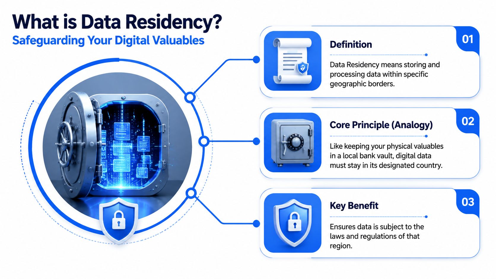 An infographic titled What is Data Residency, illustrating how digital data is secured within specific geographic borders.