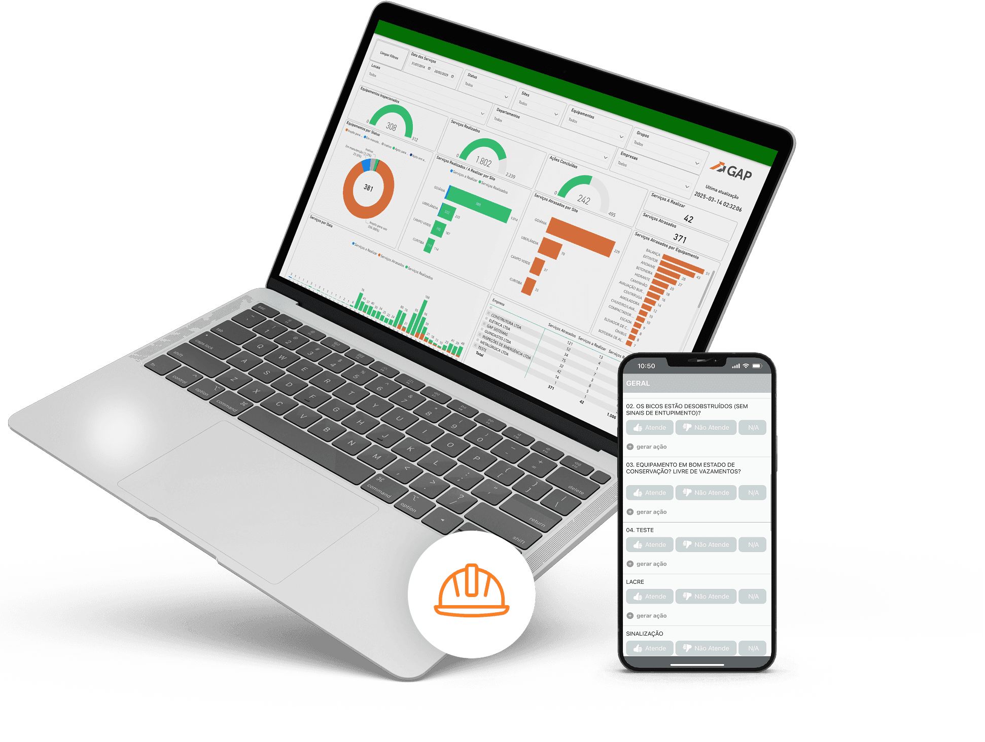 Computador exibindo uma tela de dados de um dashboard. Ao lado, um aparelho celular com tela do sistema de Checklists da GAP