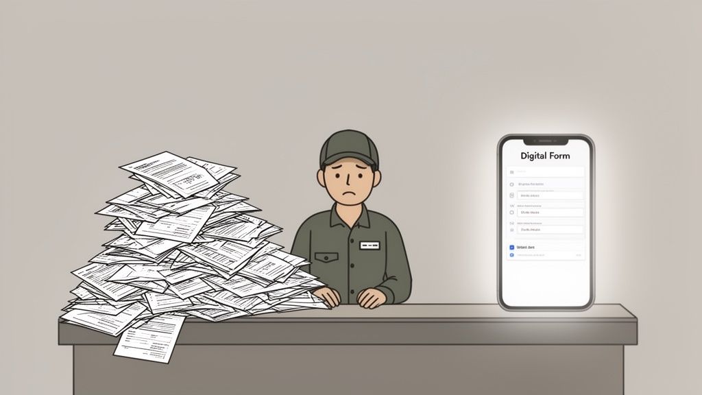 Frustrated employee overwhelmed by a large pile of paper forms, next to a smartphone with a digital form application.