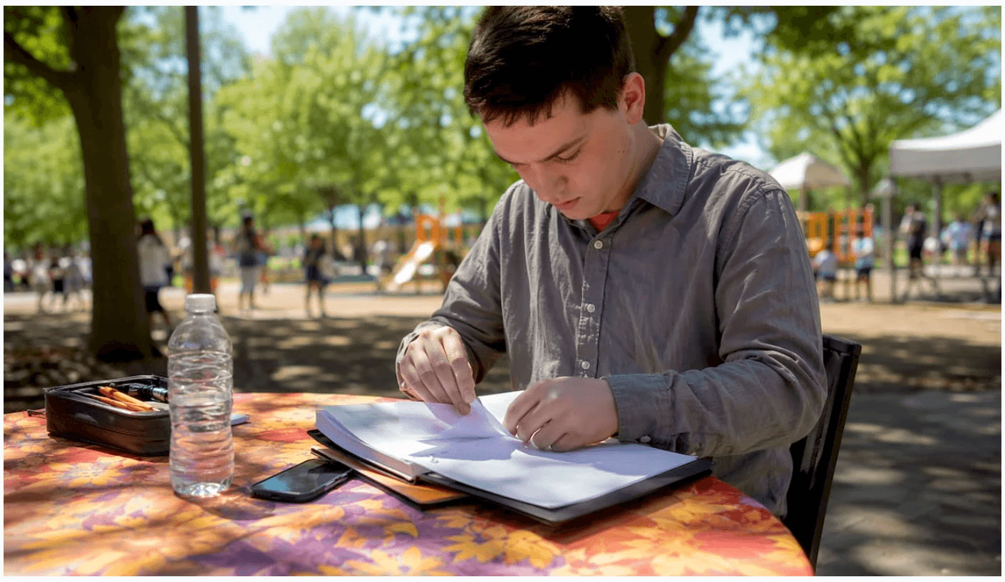 Young autistic adult reviewing a job training binder outdoors at a park table