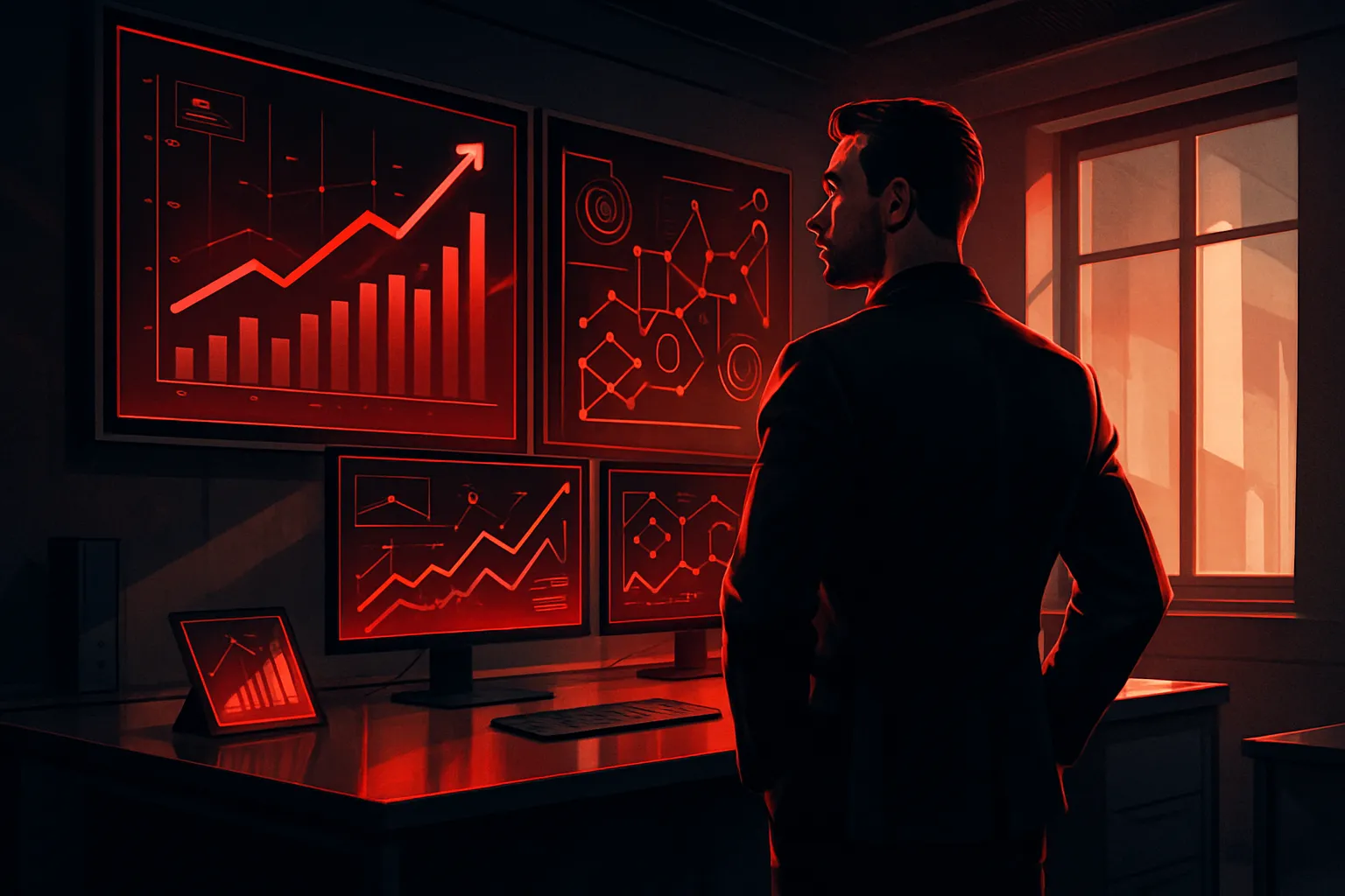 Man analyzing digital marketing trends on red screens at RockN' Socials.