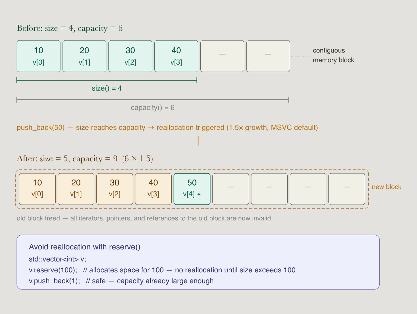 std::vector memory model showing size vs capacity across contiguous slots, with a 1.5× reallocation moving all elements to a new 9-slot block