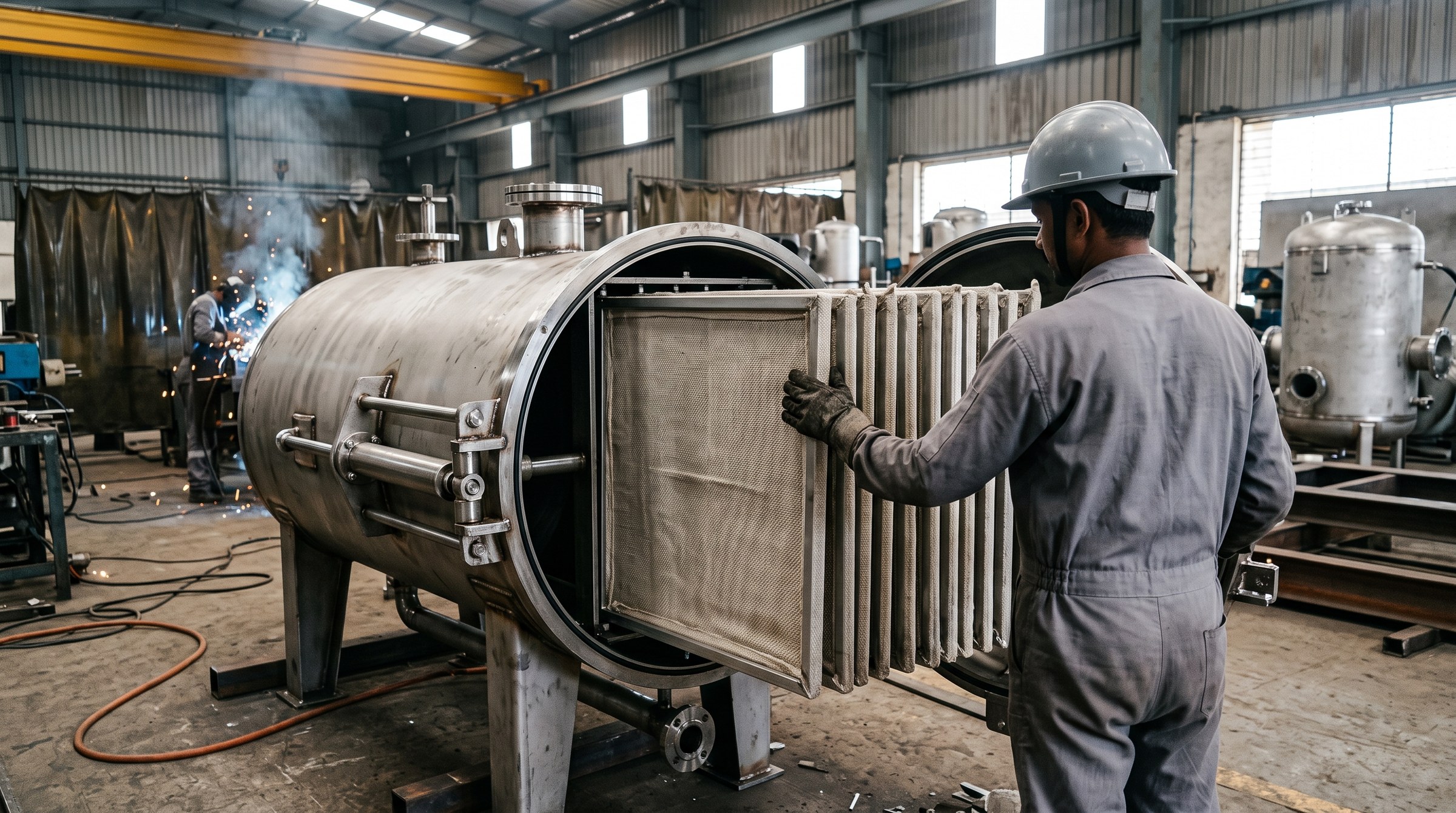 Horizontal pressure filter for copper electrolyte clarification open on its hydraulic closure at Sharpenn's works in India, showing cloth-covered filter leaves